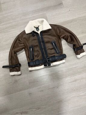wild fable Brown Faux Leather Shearling-Trim Pea Coat